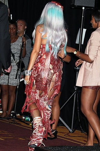 lady gaga meat dress images. Lady Gaga#39;s Meat Dress, Shoes,