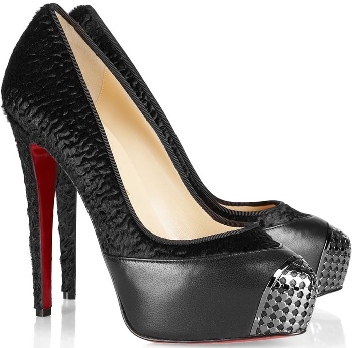 Christian Louboutin Black Maggie 140 Leather Trimmed Calf Hair Pumps