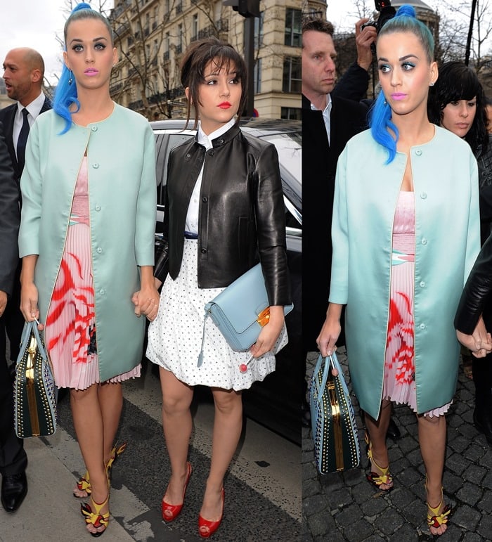 Katy Perry went for a mismatched look and paired a mint green collarless coat with a pale pink dress
