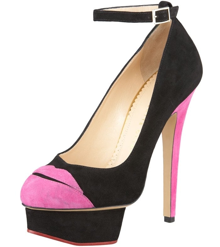 Charlotte Olympia Pink Kiss Me Ankle-strap Suede Platform Pump