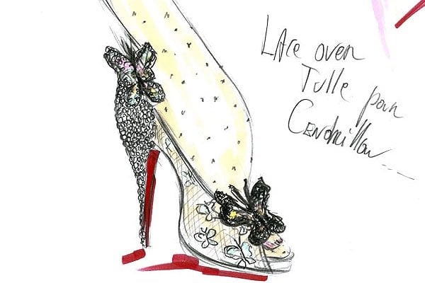 Christian Louboutin's rendered drawing of his version of Cinderella's glass slippers