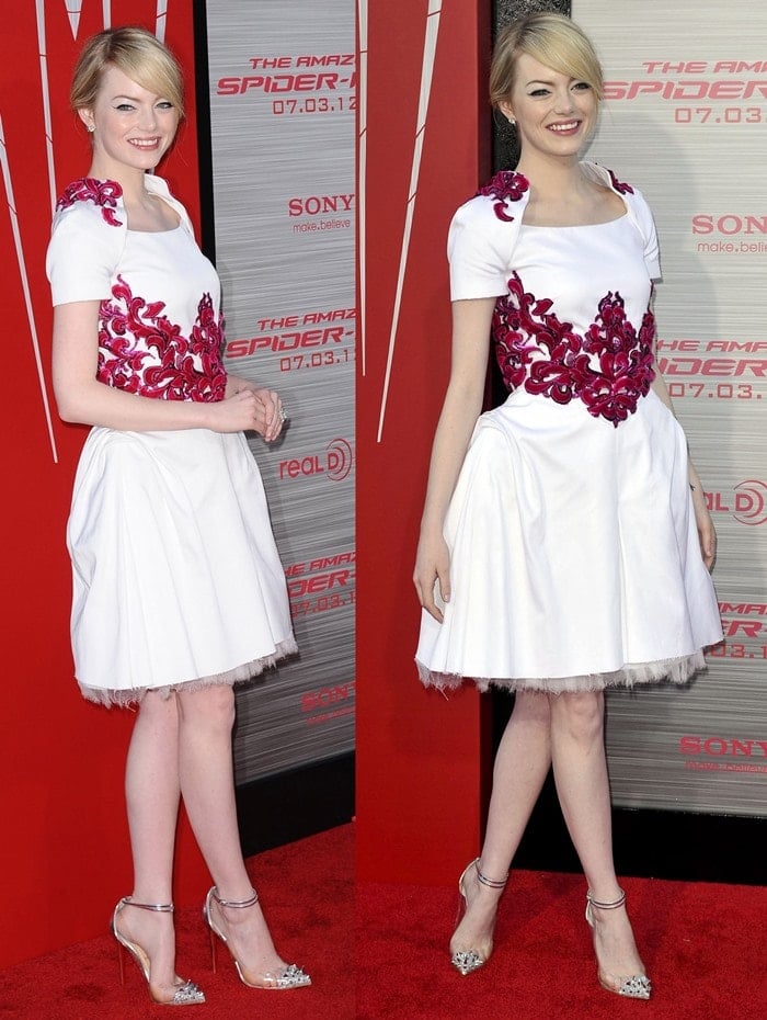 Emma Stone wearing a beautiful white Chanel dress with red detailing