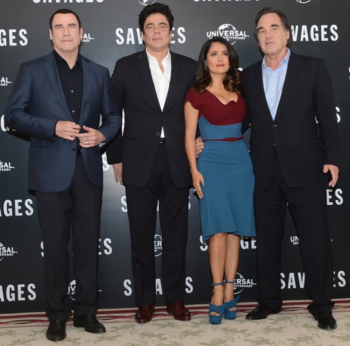 Benicio Del Toro, Oliver Stone, Salma Hayek and John Travolta attend the 'Savages' photo call held at The Mandarin Oriental in London on September 19, 2012