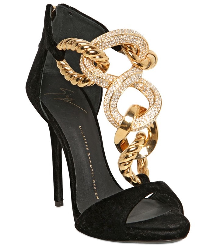 Giuseppe Zanotti Gold 120mm Jeweled Chain Velvet Sandals
