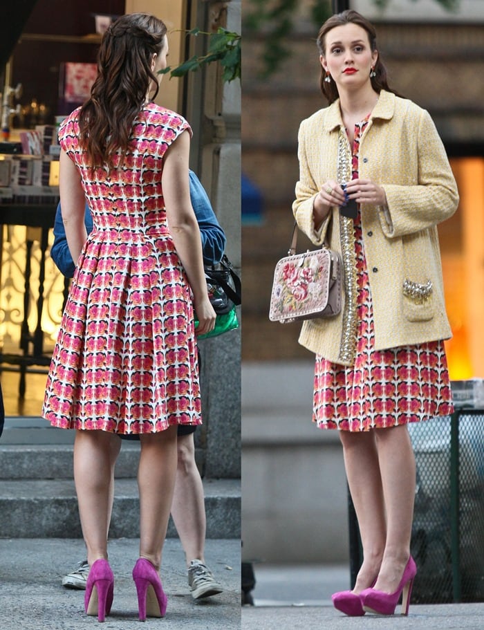 Leighton Meester filming a scene for her television series 'Gossip Girl'