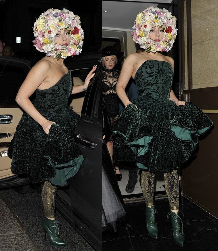 Lady Gaga leaving her hotel wearing a green dress and a headpiece made of flowers on her way to the Philip Treacy catwalk show during London Fashion Week in London on September 16, 2012
