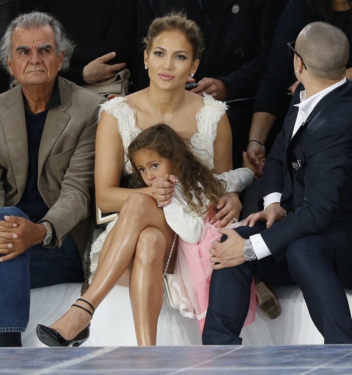 Jennifer Lopez, her daughter, Emme, and Casper Smart sitting front row at the Chanel Spring/Summer 2013 fashion presentation in Paris, France on October 2, 2012
