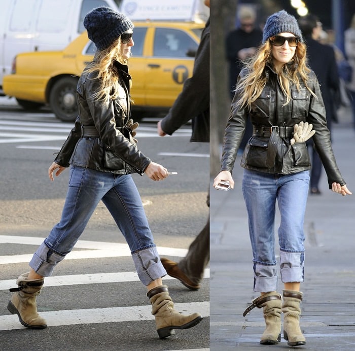 Sarah Jessica Parker wore an awesome pair of casual slouchy tan boots, cuffed jeans, a warm black coat, a cool hat, and sunnies