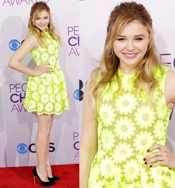 Chloe Moretz looked glowing in a neon-yellow Simone Rocha ‘Big Daisy’ dress