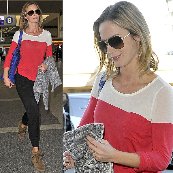 Emily Blunt's on-trend suede wedge sneakers keep her looking stylish instead of sloppy