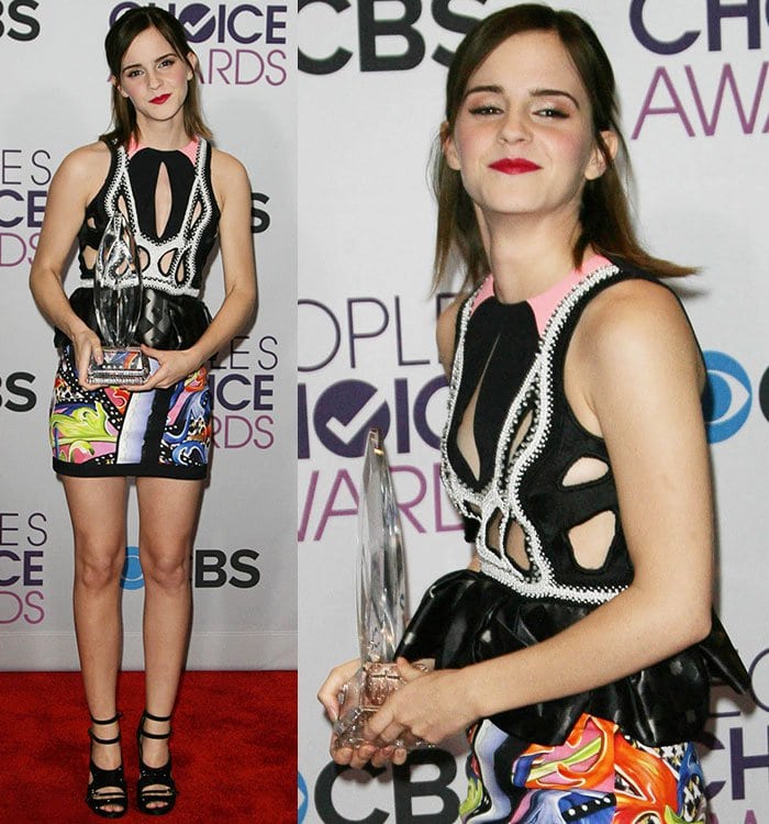 Emma Watson in an unusual thigh skimming Peter Pilotto Spring 2013 dress with cut-out details
