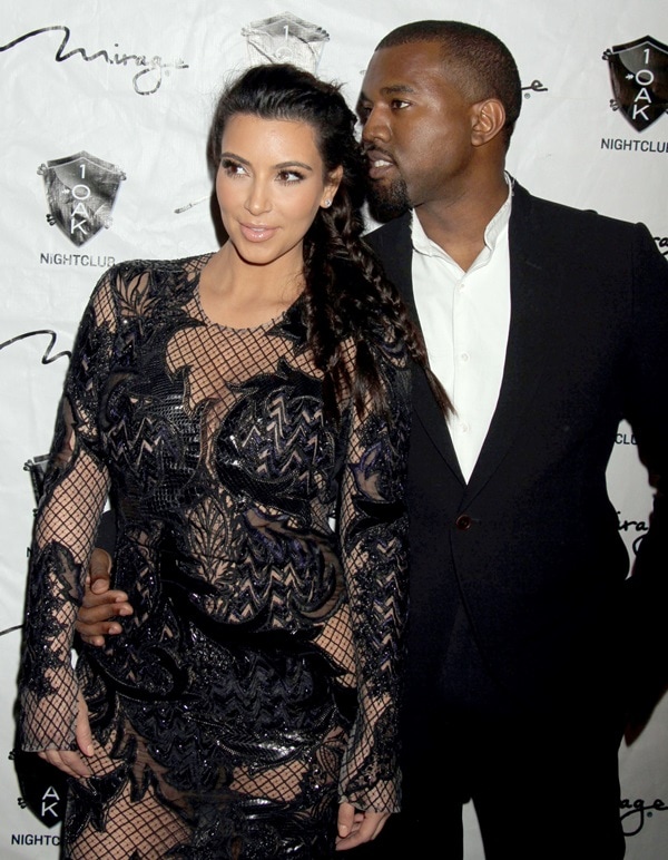 Kim Kardashian and Kanye West at the New Year's Eve party at 1 Oak Nightclub at The Mirage Resort and Casino in Las Vegas, Nevada on December 31, 2012