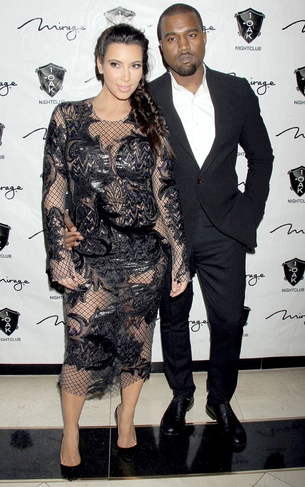 Kim Kardashian and Kanye West at the New Year's Eve party at 1 Oak Nightclub at The Mirage Resort and Casino in Las Vegas, Nevada on December 31, 2012