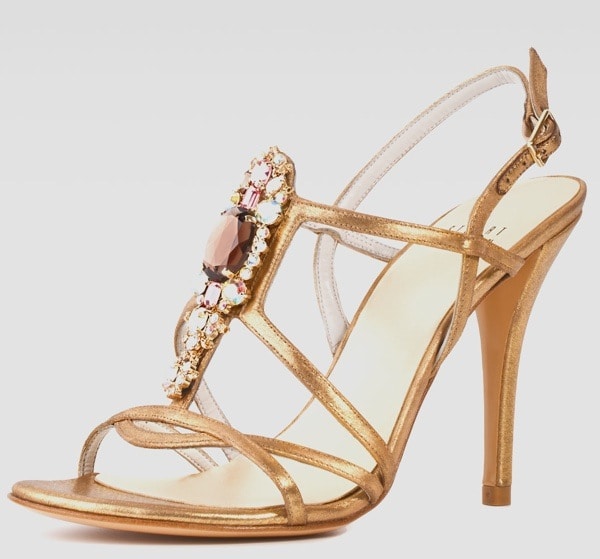 Stuart Weitzman Tsar Satin Jewel-Front Sandal, Gold Original-$560.00 NOW-$252.00