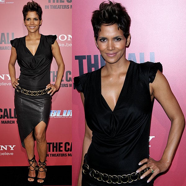 Halle Berry's cowl-necked, leather-skirted combo dress