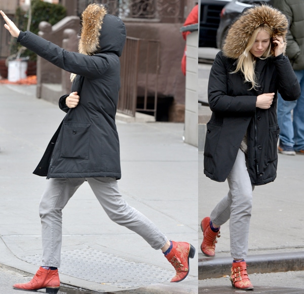 Sienna Miller walking in Chloe ankle boots and hailing a cab