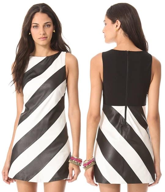 An alice + olivia dress styled from strips of sturdy leather