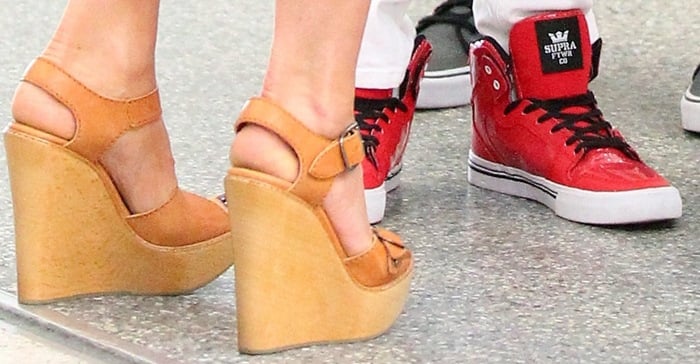 A closer look at Victoria's tan spring wedge sandals