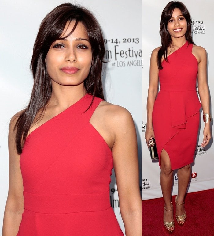 Freida Pinto in red asymmetric dress from the Rachel Roy Spring 2013 collection