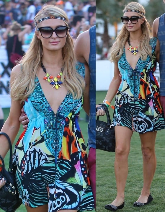 Paris Hilton wearing flats with her boho dresses at the Coachella Music Festival, April 12–14, 2013