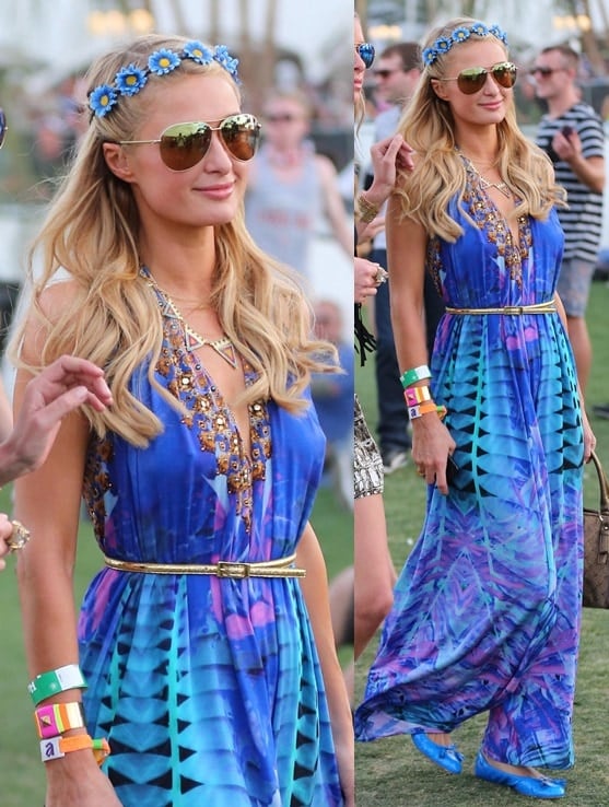 Paris Hilton wearing flats with her boho dresses at the Coachella Music Festival, April 12–14, 2013