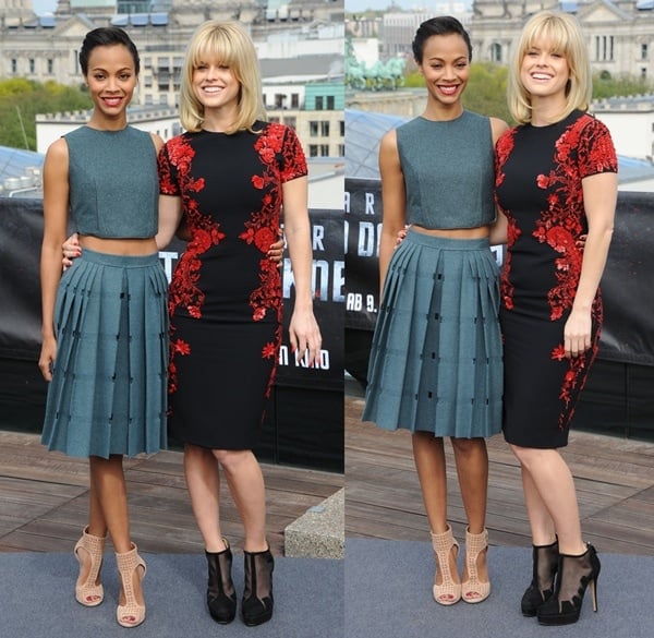 Zoe Saldana and Alice Eve at a photo call for 'Star Trek into Darkness' in Berlin on April 28, 2013