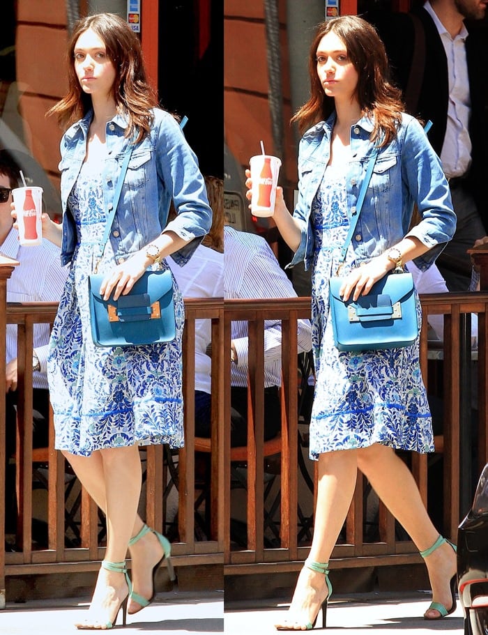 Emmy Rossum was wearing a floral-print sundress, a jean jacket, and strappy "Amber" sandals from Tibi