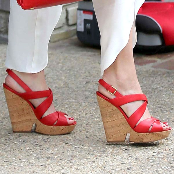 Gwen Stefani wearing red cork wedge sandals