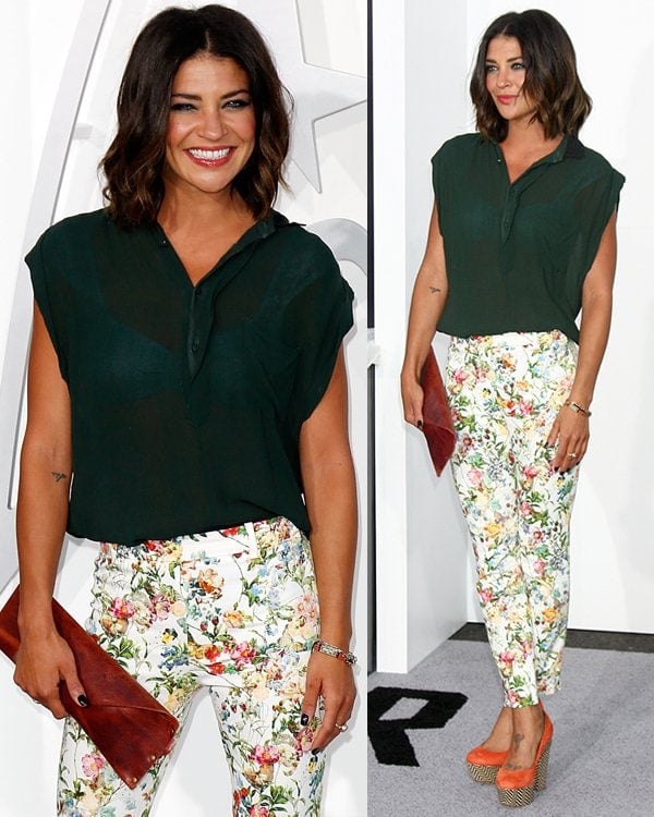 Jessica Szohr wore a sheer green top with floral pants, which are very spring-appropriate, plus she added a striking shade of orange by wearing Topshop platform pumps