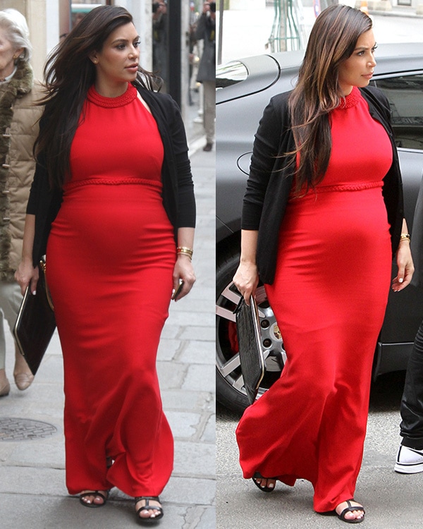 Visibly pregnant Kim Kardashian wears a red maxi dress in Paris