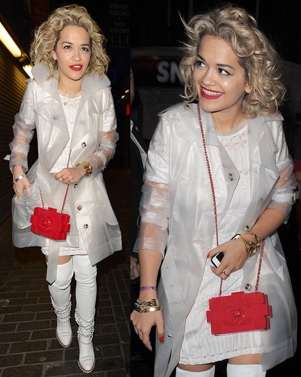 Rita Ora leaving the Box Club carrying a Lego clutch on May 1, 2013