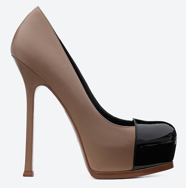 Saint Laurent Tribute Two Cap Toe Escarpin Pumps in Light Brown Leather and Black Patent Leather