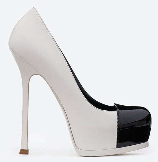 Saint Laurent Tribute Two Cap Toe Escarpin Pumps in White Leather and Black Patent Leather