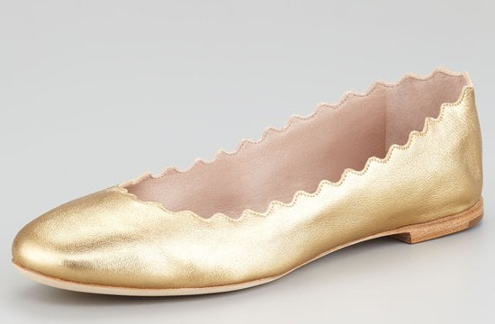 Chloe Scalloped Metallic Leather Ballerina Flats Gold