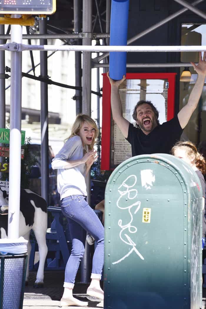 Actress Emma Stone goes to Bubbys restaurant in Manhattan on on June 19, 2013, where she runs into director Judd Apatow and his daughter. The pair chatted and Judd goofed around up for the cameras, waving a foam tube in the air