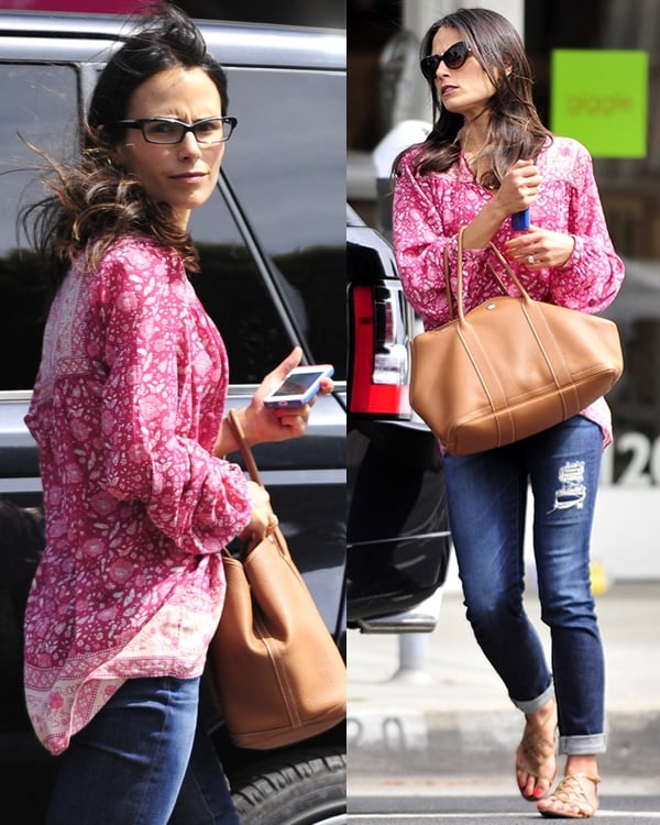 Jordana Brewster looked very casual in a loose top paired with tattered jeans and a pair of flat sandals