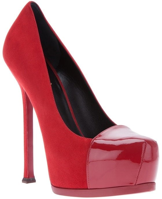 YSL tribtoo red sole red suede patent cap toe
