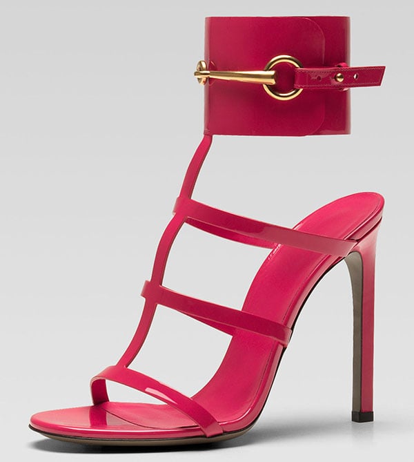 Gucci Patent Ankle-Wrap Cage T-Strap Sandals Pink
