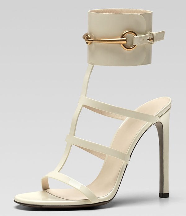 Gucci Patent Ankle-Wrap Cage T-Strap Sandals