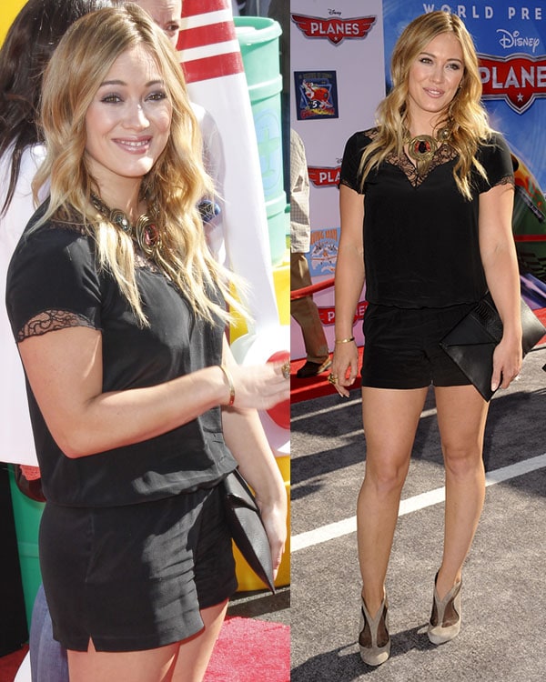 Hilary Duff wore a simple lace-trimmed black outfit and accessorized with a statement necklace