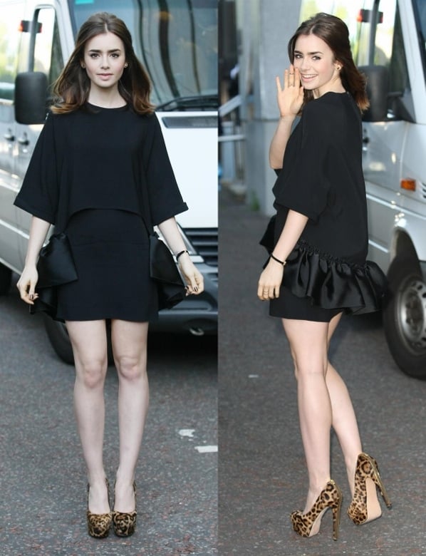 Lily showed no sign of being tired in a black Stella McCartney batwing dress with Brian Atwood "India" heels