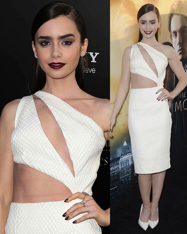 Lily Collins donned a Cushnie et Ochs fishnet-stamped leather dress with sexy cutout details