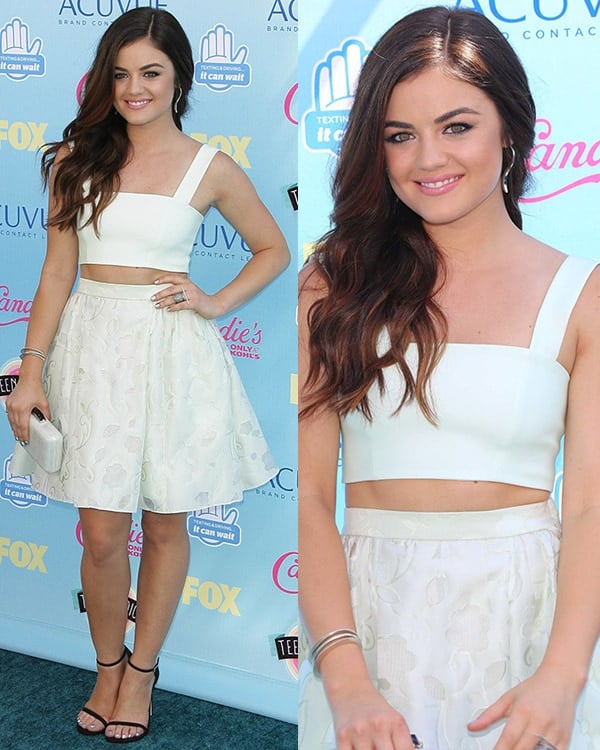Lucy Hale wearing a Houghton crop top and a high-waist skirt