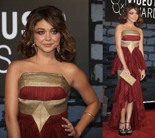 Sarah Hyland in a modest Marchesa dress and strappy black Casadei sandals