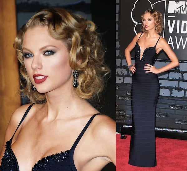 Taylor Swift looked vintage and classy in a long black Herve Ledger dress paired with Prada platform sandals