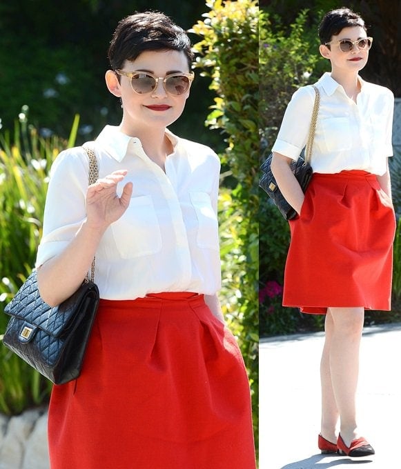 Ginnifer Goodwin color-coordinated in red, white, and black for a party in Brentwood, Los Angeles, on August 11, 2013