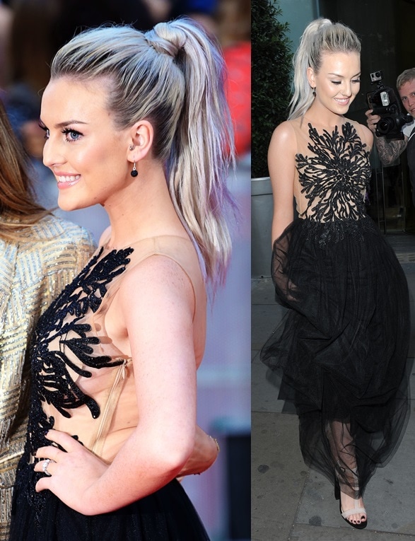 Perrie Edwards wearing a sheer black dress with two-tone t-strap sandals