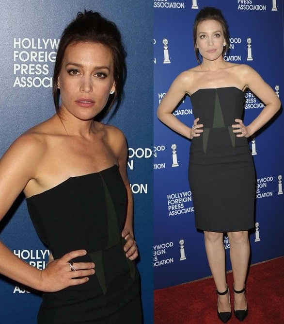 Piper Perabo wearing a Cedric Charlier dress and Jimmy Choo pumps for the Hollywood Foreign Press Association Luncheon in Beverly Hills on August 13, 2013