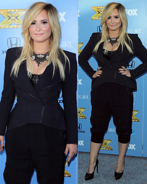 Demi Lovato in cropped pants and a black jacket at The X Factor Season 3 premiere party