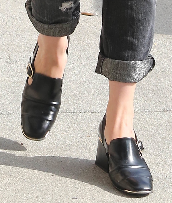 January Jones wearing black leather Balenciaga Cube loafers